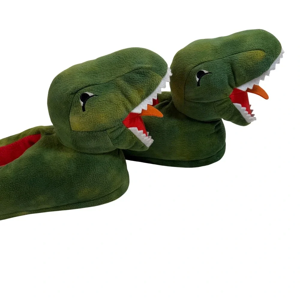 Old Navy Kids Green Dinosaur T-Rex Plush Slippers‎ XXL (5-6) Non-Slip Soles